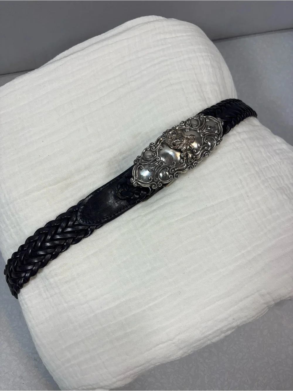 VTG Black Braided Leather Belt with Ornate Angel Silver-Tone Buckle Y2K